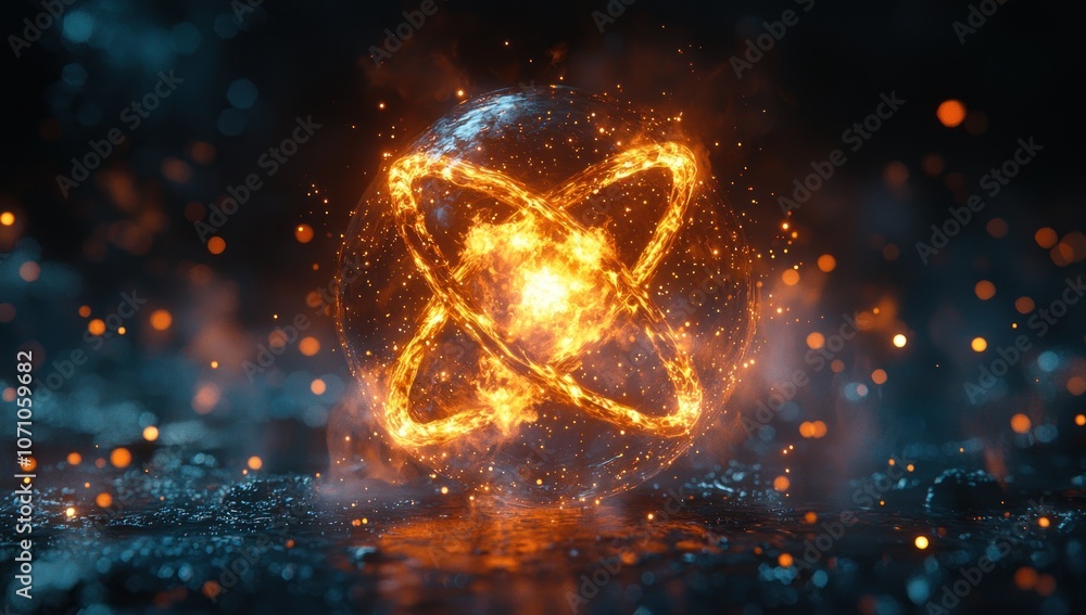 Burning Sphere with Glowing Lines and Sparks on a Dark Background Burning Sphere with Glowing Lines and Sparks on a Dark Background