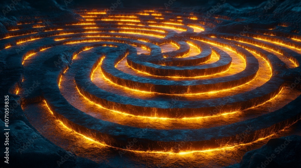 Blue maze with glowing yellow solution path concept, perfect for problem-solving visuals Blue maze with glowing yellow solution path concept, perfect for problem-solving visuals