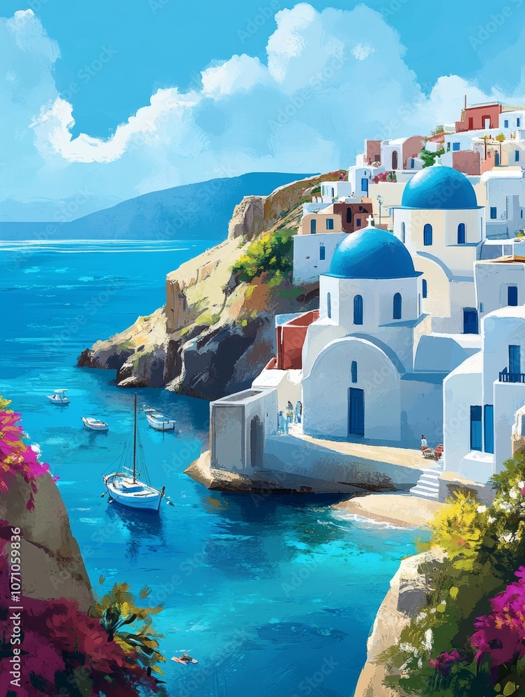 Fototapeta premium Tranquil Mediterranean Escape: Serene Greek IslandWhitewashed Buildings and Blue Ocean