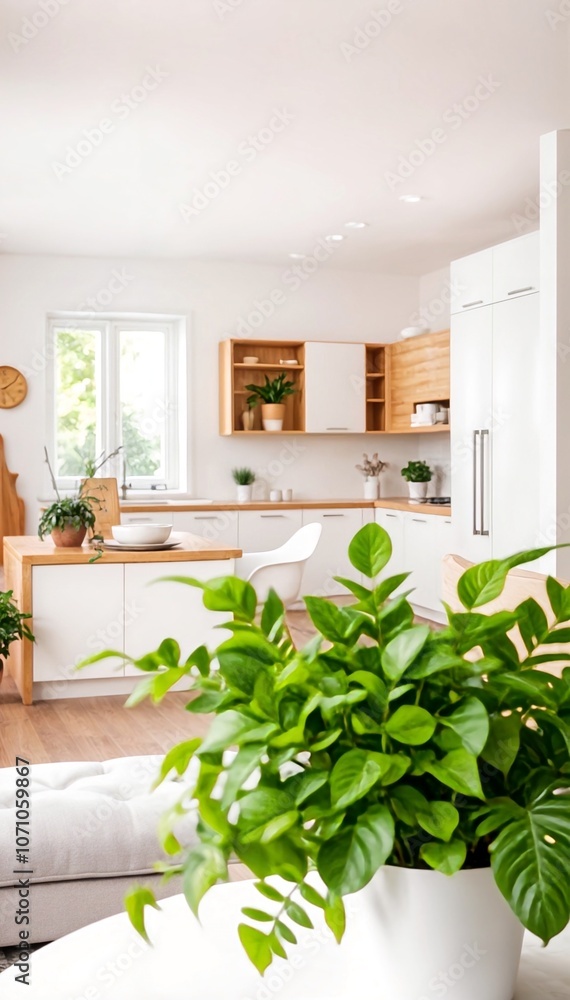 Fototapeta premium Modern kitchen interior with white cabinets and a wooden countertop, framed by lush green leaves