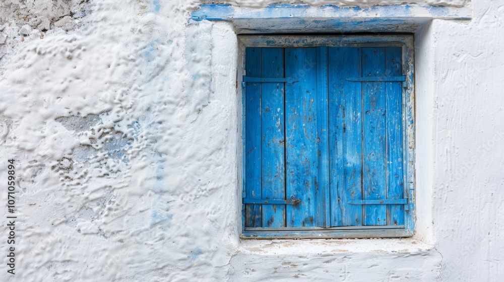 A rustic blue wooden window framed by whitewashed walls in a quaint village setting during daylight hours A rustic blue wooden window framed by whitewashed walls in a quaint village setting during daylight hours