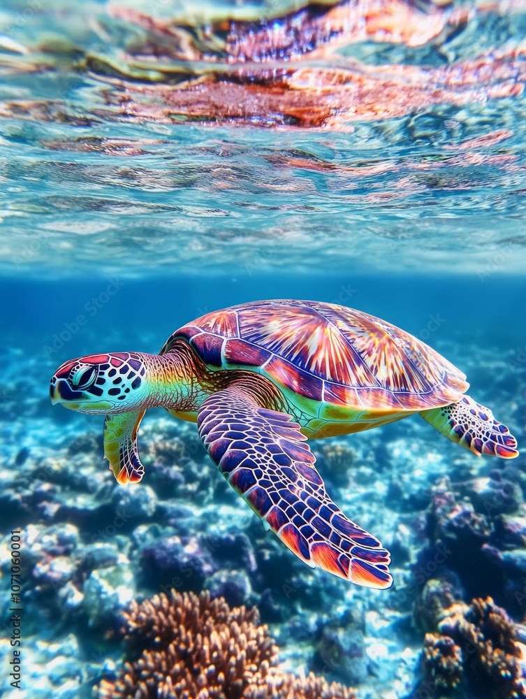 Fototapeta premium Serenity Beneath the Waves: A Colorful Sea Turtle inPeaceful Coral Haven
