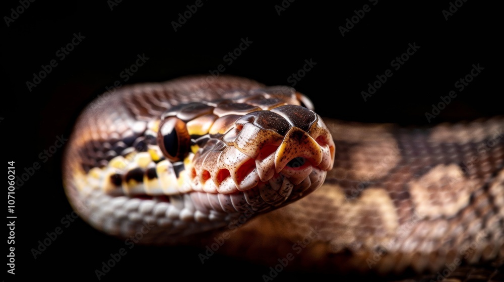 A close-up view of a ball python resting on a dark surface, highlighting its intricate patterns and textures in soft lighting A close-up view of a ball python resting on a dark surface, highlighting its intricate patterns and textures in soft lighting