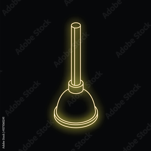 Yellow neon sign shaped like a plunger glowing on a black background