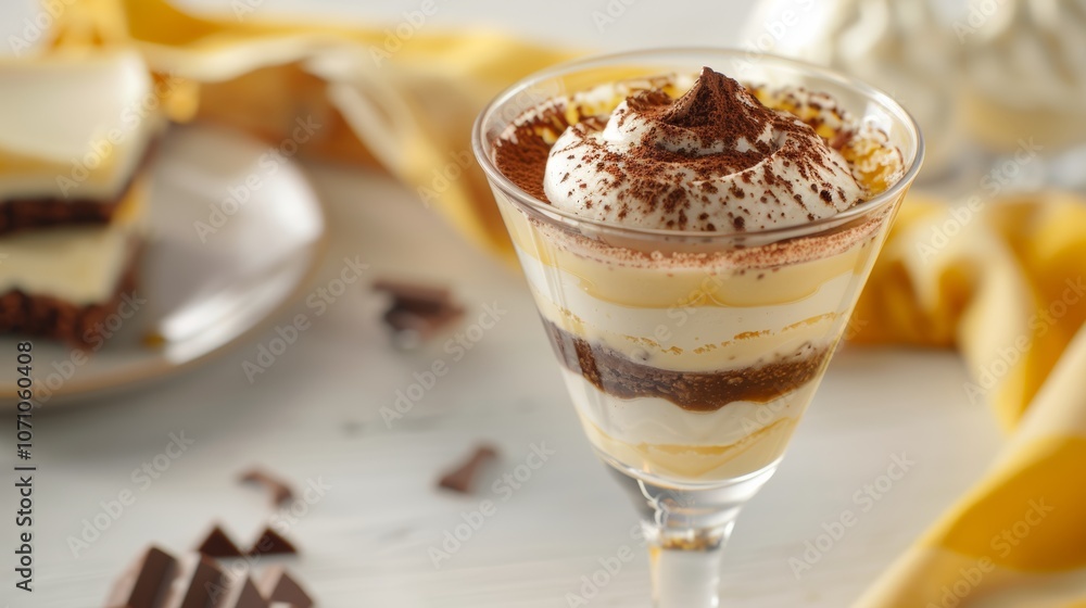 Delicious layers of creamy dessert topped with cocoa and chocolate pieces on a table setting with yellow accents Delicious layers of creamy dessert topped with cocoa and chocolate pieces on a table setting with yellow accents