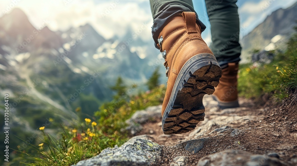 A determined hiker ascends a mountain trail, showcasing sturdy leather boots as he strides forward with purpose. A determined hiker ascends a mountain trail, showcasing sturdy leather boots as he strides forward with purpose.