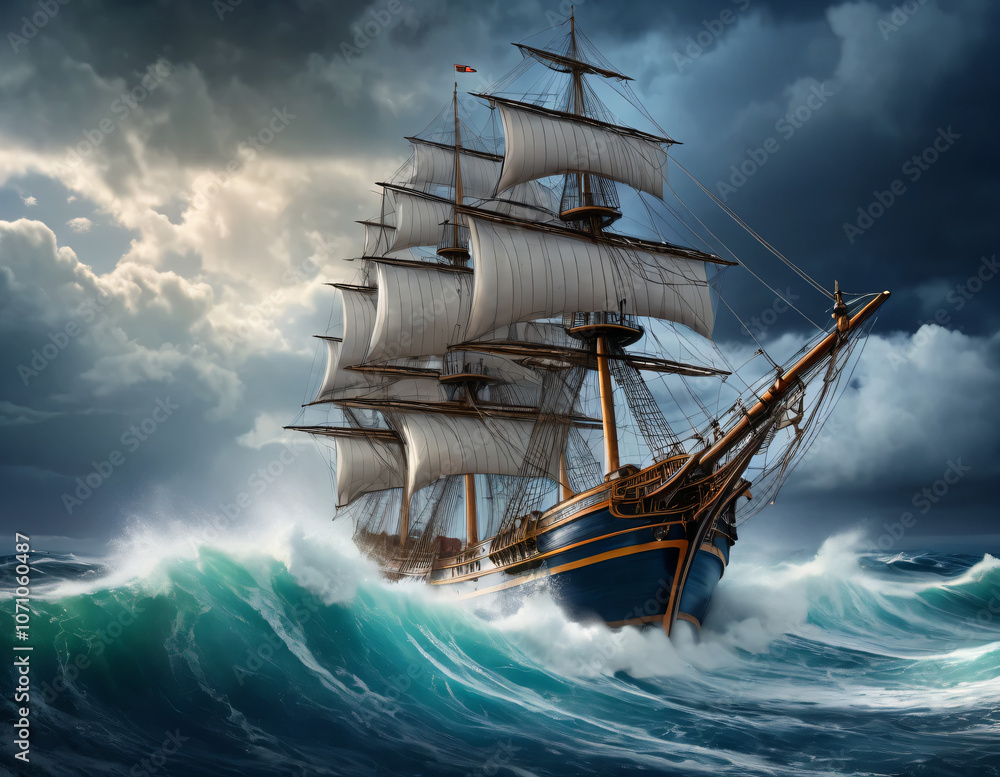 Fototapeta premium Detailed and realistic image of a sailing ship in a stormy sea, with a dramatic cloudy sky, breaking waves, realistic lighting and beautiful colors, conveying a cinematic and masterful atmosphere