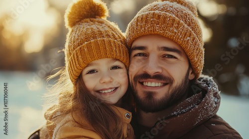 A happy father and daughter share a warm moment outdoors in winter, showcasing their bond against a snowy backdrop.