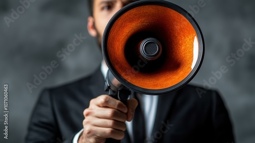 A focused speaker delivers important messages using a megaphone, emphasizing clarity and professionalism in a corporate setting. photo