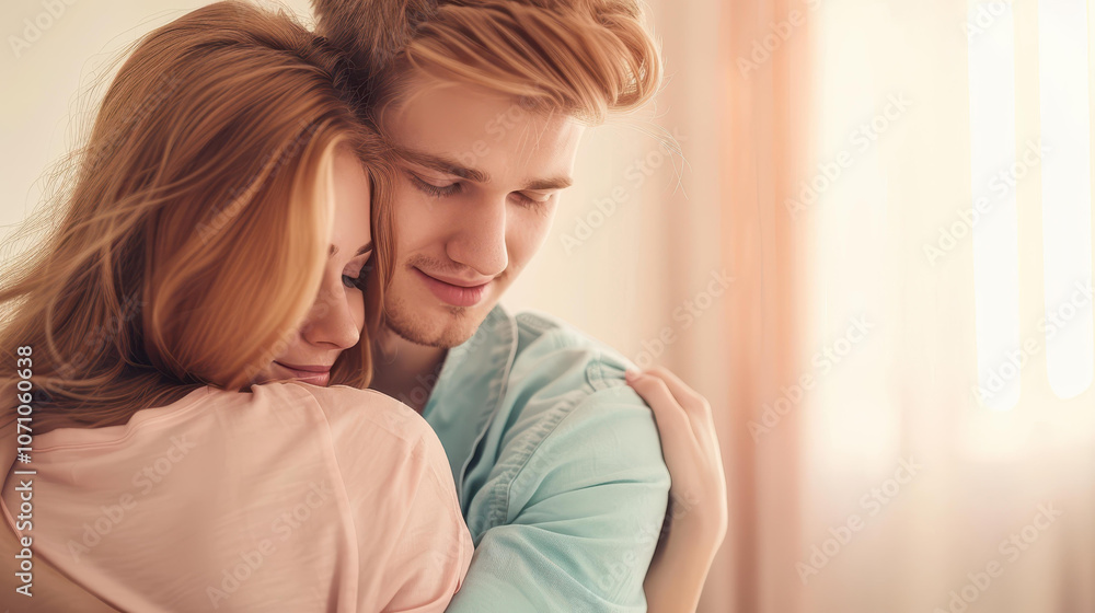 A cozy bedroom scene captures a couple in an embrace, radiating warmth and intimacy against a soft beige backdrop. A cozy bedroom scene captures a couple in an embrace, radiating warmth and intimacy against a soft beige backdrop.