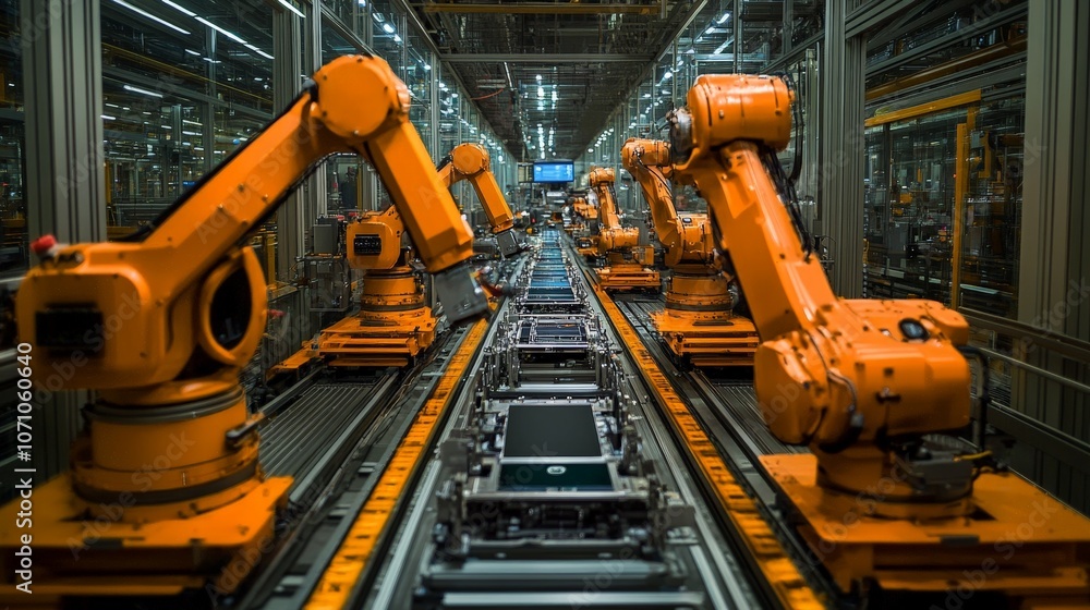 Robotic arms assembling smartphones on tech factory production line Robotic arms assembling smartphones on tech factory production line