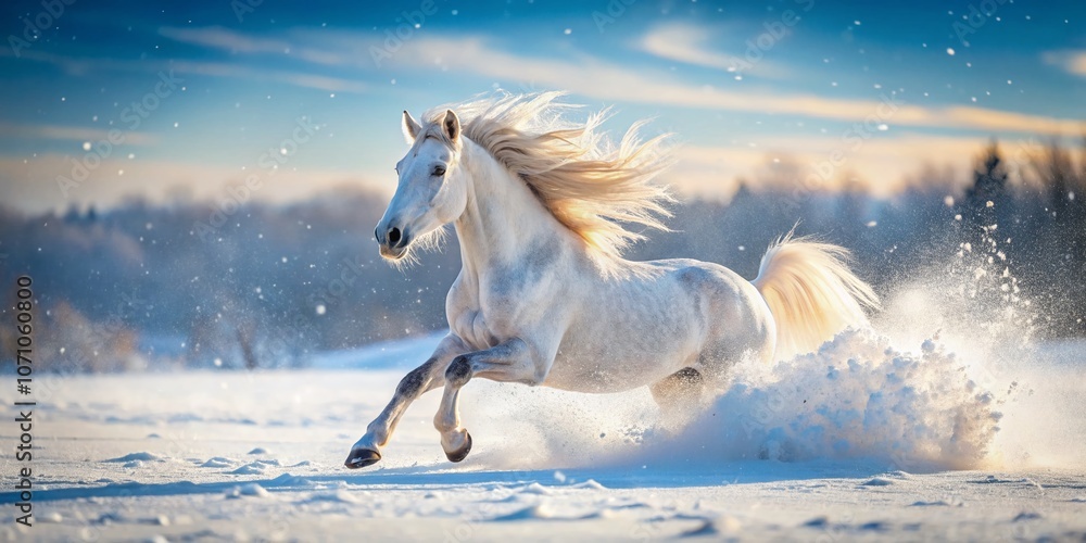 Majestic Welsh Pony Galloping Through a Snowy Meadow, Capturing the Spirit of Winter in Nature's Beauty and the Grace of Equine Movement Against a Winter Wonderland Background Majestic Welsh Pony Galloping Through a Snowy Meadow, Capturing the Spirit of Winter in Nature's Beauty and the Grace of Equine Movement Against a Winter Wonderland Background