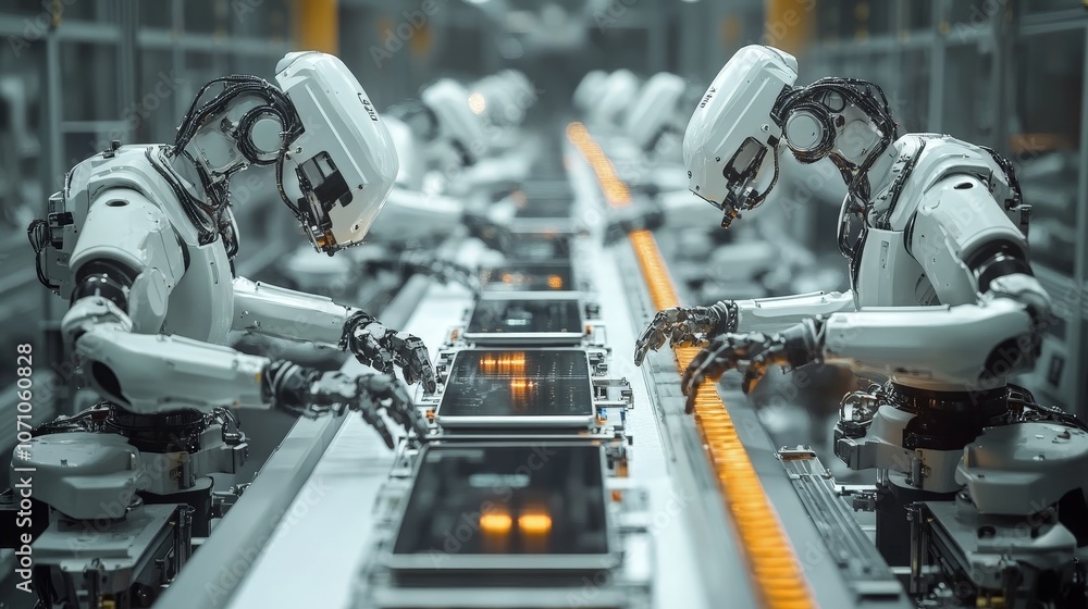 Robotic arms assembling smartphones on tech factory production line Robotic arms assembling smartphones on tech factory production line