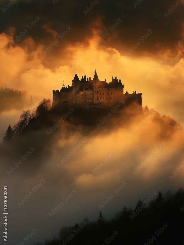 Majestic Medieval Castle in Fog: Awe, Mystery, and History inGolden Light Majestic Medieval Castle in Fog: Awe, Mystery, and History inGolden Light