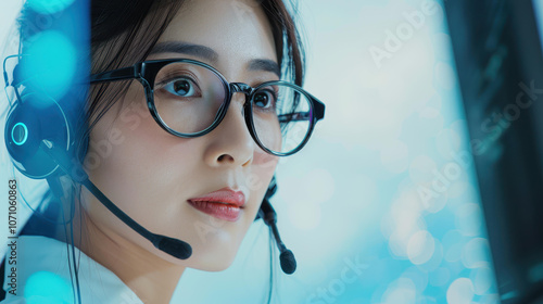 A dedicated woman in a headset provides topnotch customer support, seen through a clear glass partition. photo