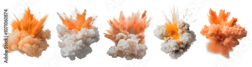 A sequential arrangement of explosive blasts isolated on transparent background. Smoke, fire and debris, ideal for illustrating impact, destruction, and cinematic special effects. PNG