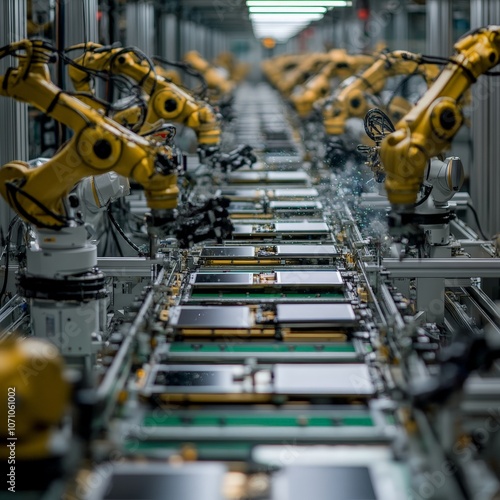 Robotic arms assembling smartphones on tech factory production line