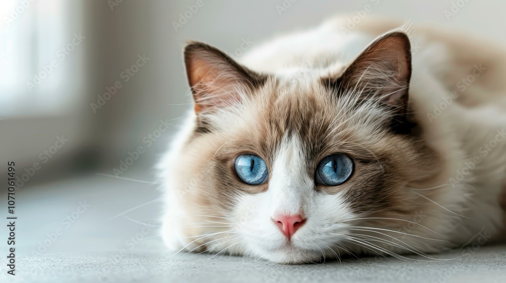 Serene portrait of a ragdoll cat with striking blue eyes, lounging by a sunlit window, surrounded by green foliage. Serene portrait of a ragdoll cat with striking blue eyes, lounging by a sunlit window, surrounded by green foliage.