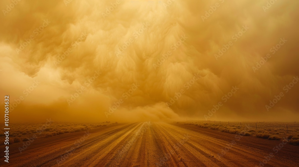 A powerful dust storm envelops a rural road at sunset, obscuring visibility and transforming the landscape into an otherworldly scene A powerful dust storm envelops a rural road at sunset, obscuring visibility and transforming the landscape into an otherworldly scene