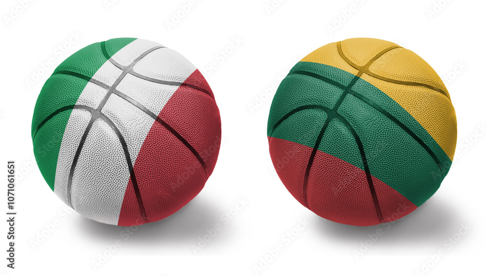 basketball balls with the national flags of lithuania and italy on the white background. basketball balls with the national flags of lithuania and italy on the white background.