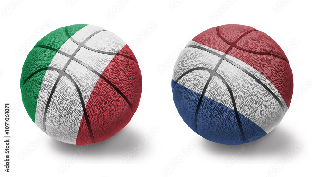 basketball balls with the national flags of netherlands and italy on the white background. basketball balls with the national flags of netherlands and italy on the white background.