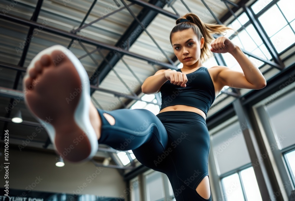 A woman practices martial arts techniques in a gym during daylight, focusing on precision and strength training A woman practices martial arts techniques in a gym during daylight, focusing on precision and strength training