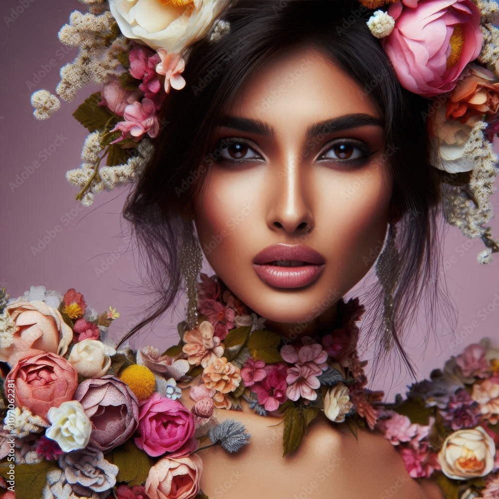 A stunning portrait of a woman adorned with a floral headpiece and artistic floral dress, showcasing creative beauty and nature in vibrant colors A stunning portrait of a woman adorned with a floral headpiece and artistic floral dress, showcasing creative beauty and nature in vibrant colors