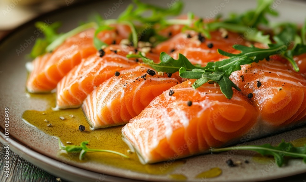 3D salmon carpaccio with thinly sliced fish, drizzled with olive oil and garnished with arugula 3D salmon carpaccio with thinly sliced fish, drizzled with olive oil and garnished with arugula