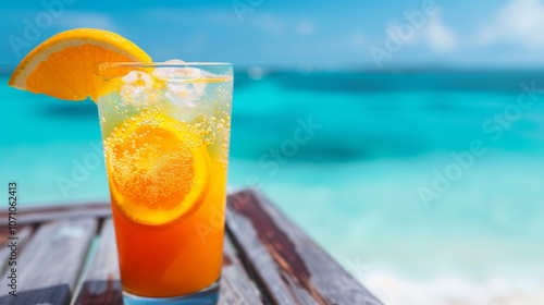 Refreshing summer cocktail with orange slices on a wooden table by the blue ocean under a bright sky