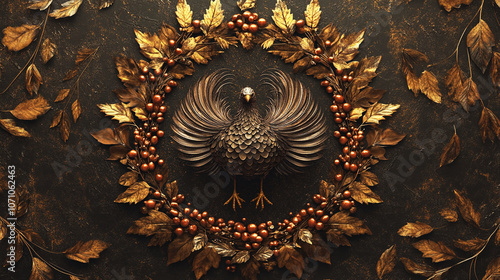 A golden turkey sits in the center of a wreath of leaves and berries, a symbolic image of the autumn season photo