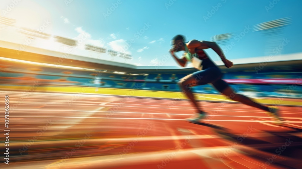 Athlete sprinting on a track at a stadium during a sunny afternoon, showcasing speed and determination in an exciting competition Athlete sprinting on a track at a stadium during a sunny afternoon, showcasing speed and determination in an exciting competition