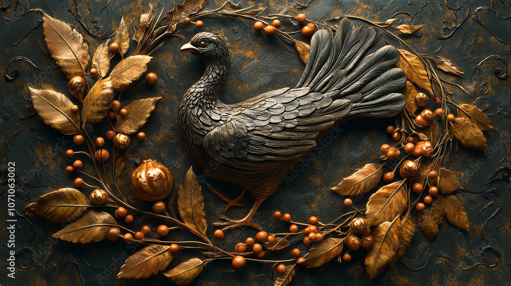 Obraz premium A black sculpted bird with golden leaves and berries surrounds it. This piece of art was created with a focus on details and textures
