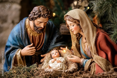 nativity scene set up on a windowsill, with soft candlelight illuminating the figures of Mary, Joseph, and baby Jesus photo