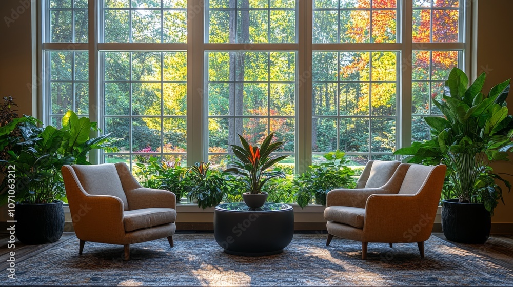 A welcoming seating area features two beige armchairs facing a round table with a plant, surrounded by lush greenery and bright sunlight streaming through large windows. A welcoming seating area features two beige armchairs facing a round table with a plant, surrounded by lush greenery and bright sunlight streaming through large windows.