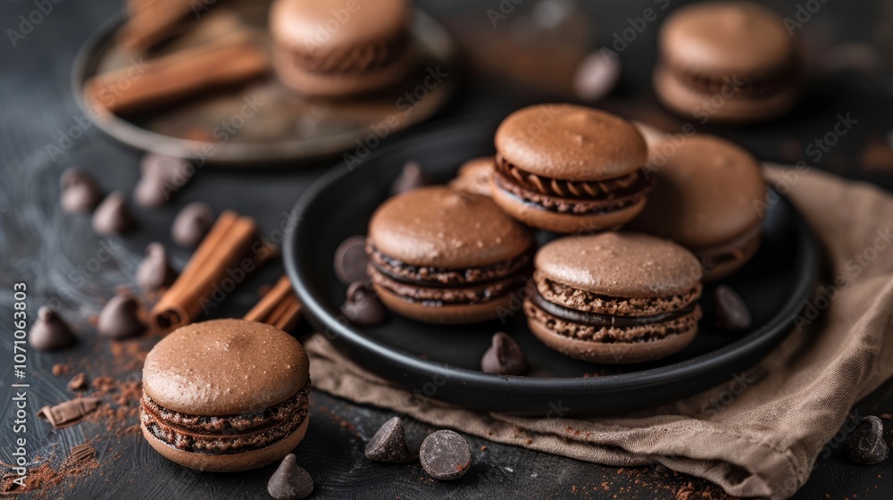 Decadent chocolate macarons arranged on a rustic plate with cinnamon and chocolate chips in a cozy kitchen setting Decadent chocolate macarons arranged on a rustic plate with cinnamon and chocolate chips in a cozy kitchen setting