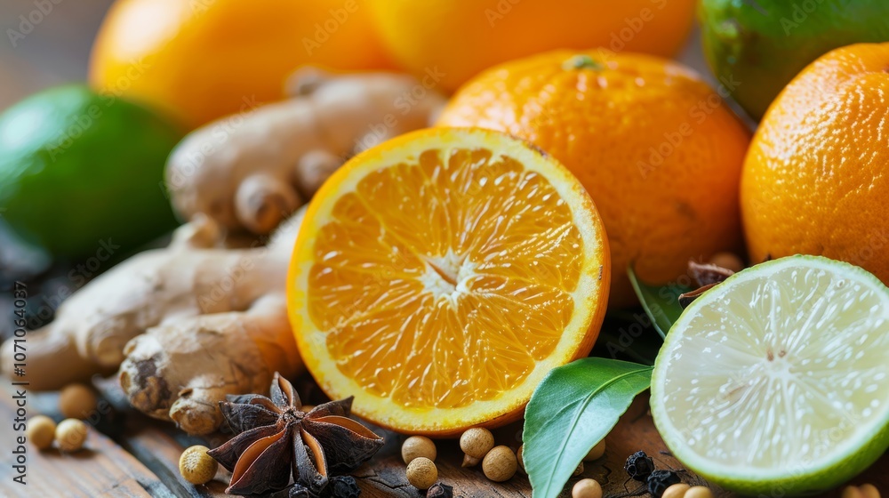Fresh citrus fruits and ginger on a wooden surface showcasing vibrant colors and natural textures for a healthy lifestyle Fresh citrus fruits and ginger on a wooden surface showcasing vibrant colors and natural textures for a healthy lifestyle