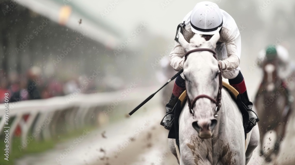 A jockey rides a powerful white horse during an intense horse race on a rainy day at the racetrack, surrounded by cheering spectators A jockey rides a powerful white horse during an intense horse race on a rainy day at the racetrack, surrounded by cheering spectators