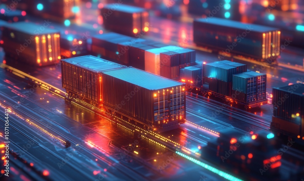 Global supply chain managed by AI and blockchain technology, interconnected logistics, 3D illustration Global supply chain managed by AI and blockchain technology, interconnected logistics, 3D illustration