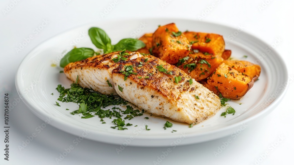 Delicious baked sweet potato and fish fillet served on a white plate against a minimalist white background for a fresh culinary experience Delicious baked sweet potato and fish fillet served on a white plate against a minimalist white background for a fresh culinary experience