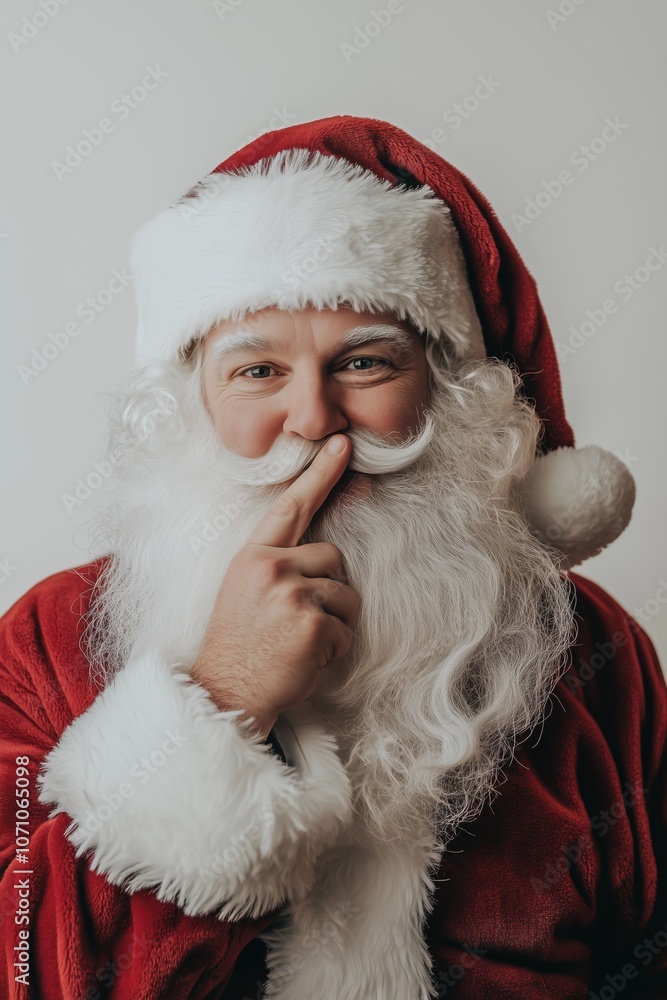 Santa Claus playfully holding a finger to his lips in a winter-themed setting Santa Claus playfully holding a finger to his lips in a winter-themed setting