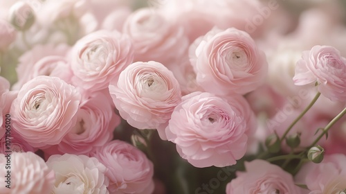 A large bouquet of pale pink ranunculus flowers surrounded by delicate pink roses in a soft pastel aesthetic setting