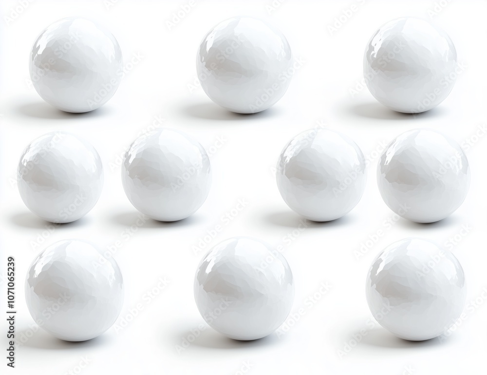 Arranging nine smooth white snowballs on a reflective surface in winter Arranging nine smooth white snowballs on a reflective surface in winter
