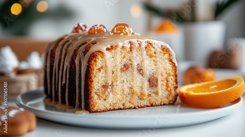 Delicious zucchini carrot cake adorned with orange glaze and fresh slices, beautifully presented for a delightful dessert experience