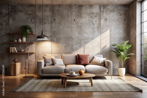 Wallpaper Mural Minimalist Beige and Gray Interior with Concrete Walls: Backlit Sofa, Carpet, and Decor 3D Render Illustration for Urban Exploration Photography Torontodigital.ca