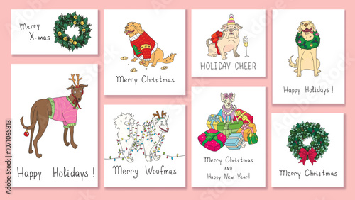 colorful bright vector set of cards with drawn funny dogs with christmas accessories