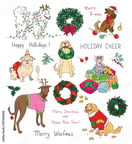 colorful bright vector set of drawn funny dogs with Christmas accessories