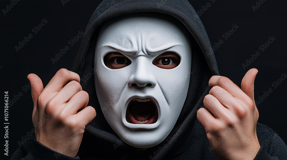Person wearing a white mask and black hoodie. Person wearing a white mask and black hoodie.