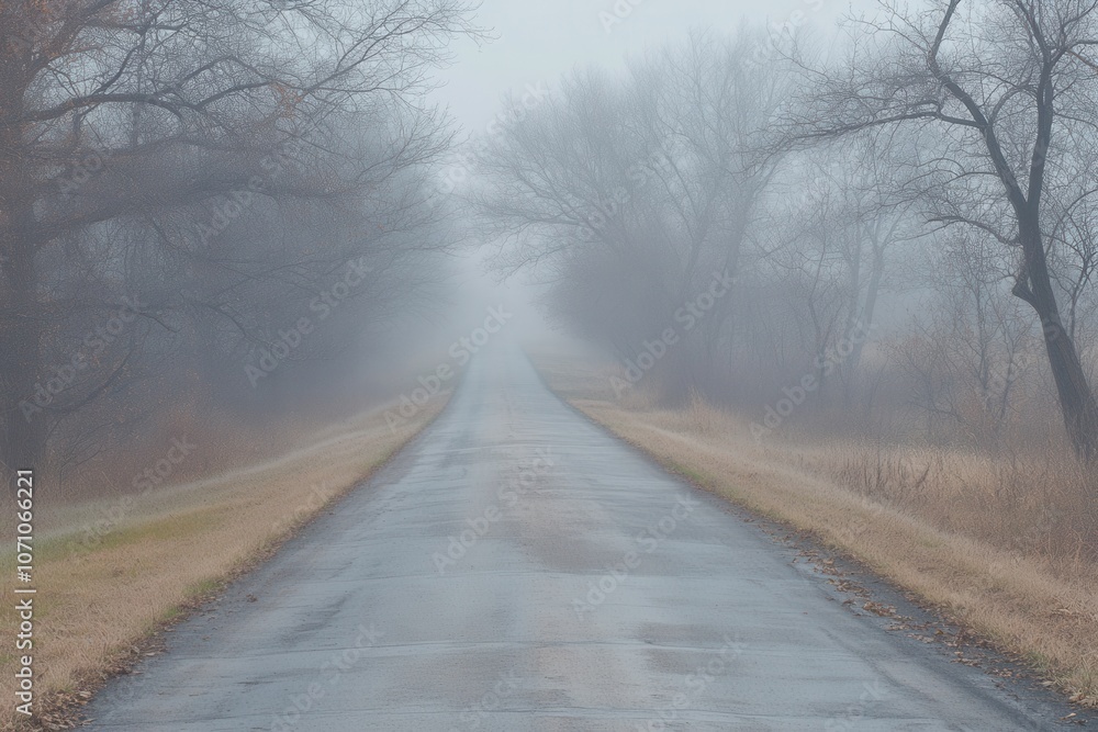 Abandoned Road Through Fog: A long, empty road disappearing into thick fog Abandoned Road Through Fog: A long, empty road disappearing into thick fog