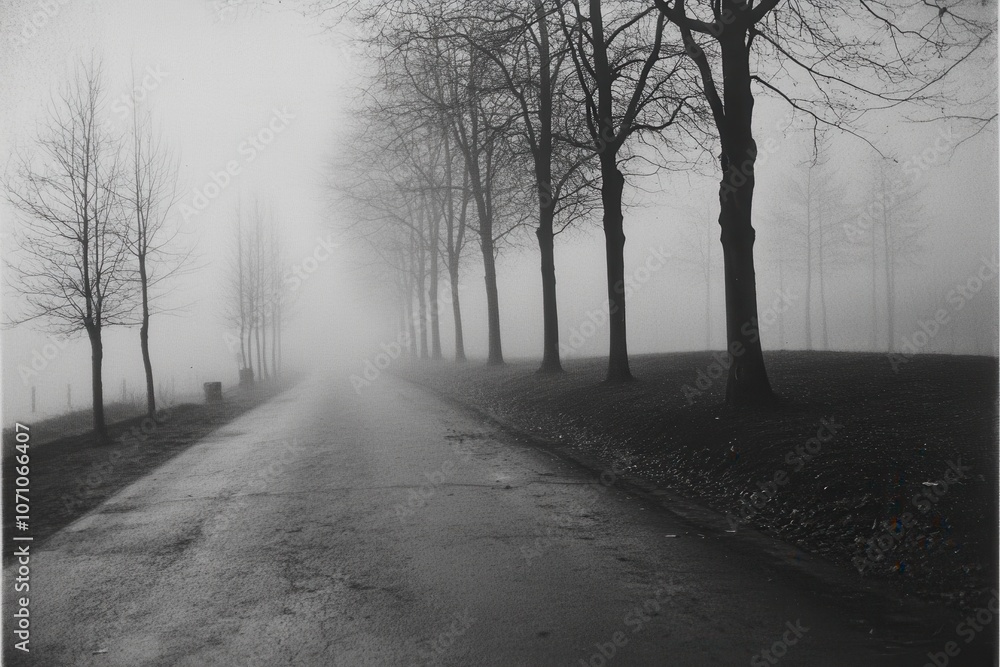 Abandoned Road Through Fog: A long, empty road disappearing into thick fog Abandoned Road Through Fog: A long, empty road disappearing into thick fog