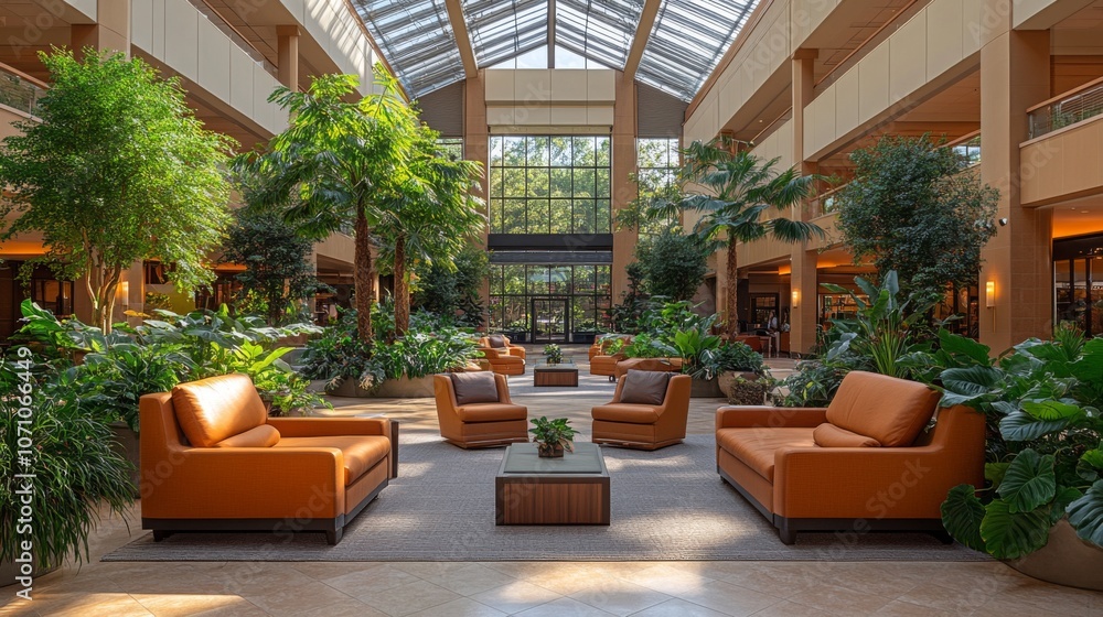 Fototapeta premium An elegant lounge area features plush orange seating surrounded by lush greenery, showcasing a bright and inviting atmosphere. The glass ceiling lets in natural light, enhancing the tropical feel.